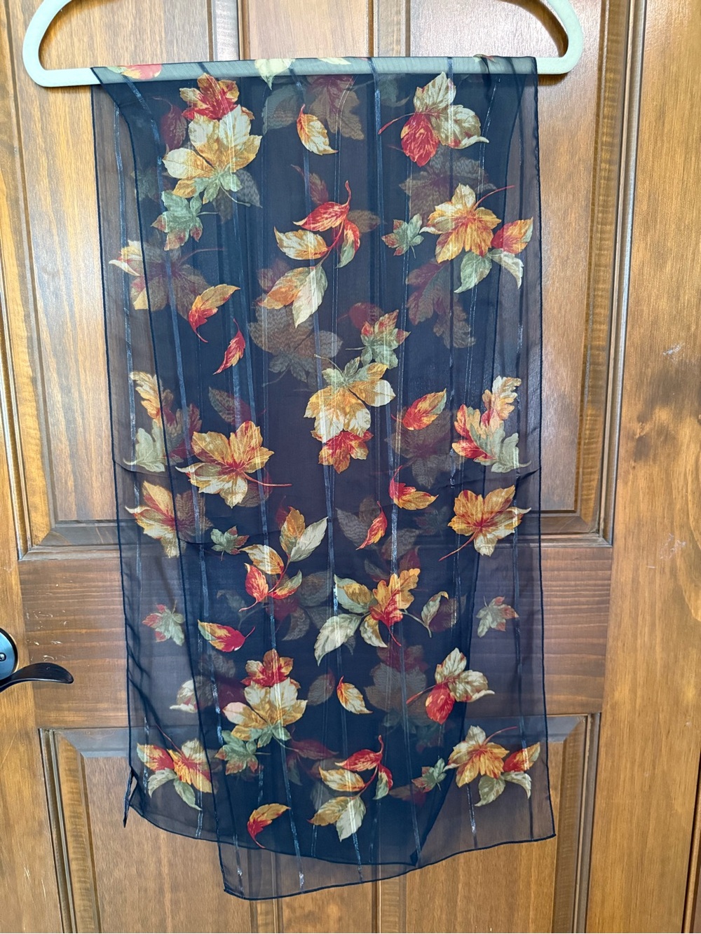 Sheer Black Floral Scarf with Autumn Leaves